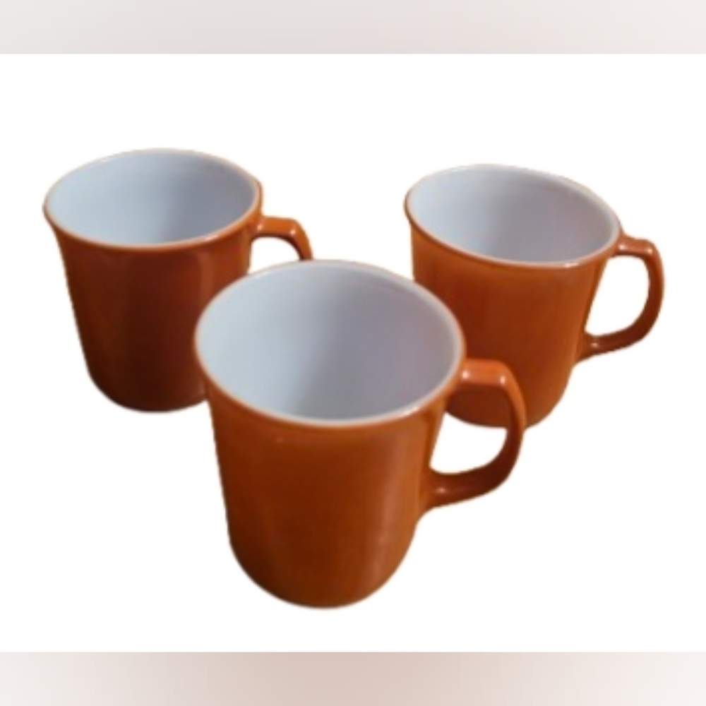 Pyrex Corning Ware “Burnt Orange” Milk Glass Mugs Set Of 3